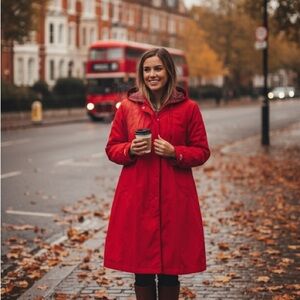 London Fog Red Coat with Plaid Hood
